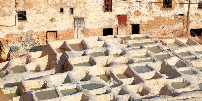 Tannery basins and medieval buildings in the Medina of Fes, Morocco