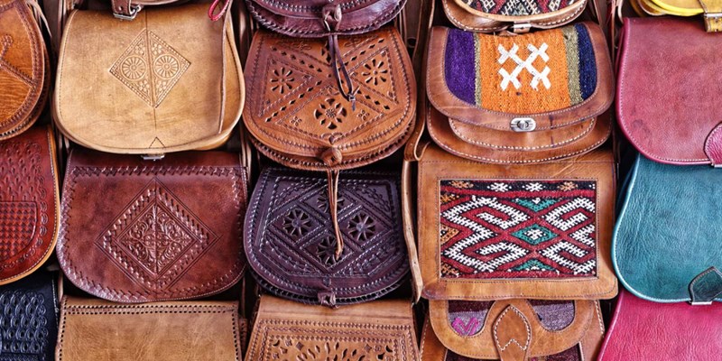 Leather bags for women in the bazaar of Essaouira,Morocco