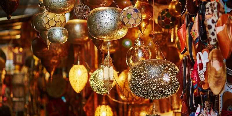 Selection of traditional lamps on Moroccan market (souk) in Marrakech, Morocco