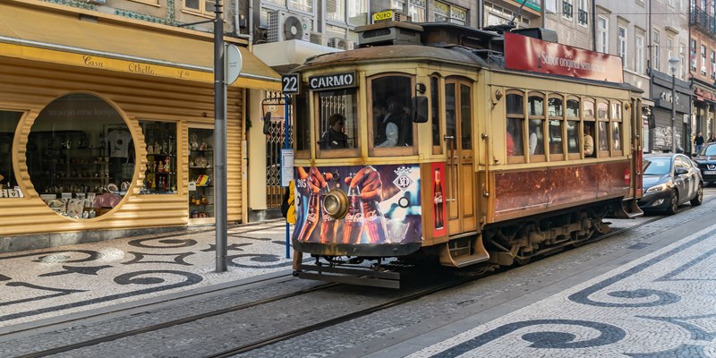 Tram at Rua de Santa Catarina in Porto, Portugal