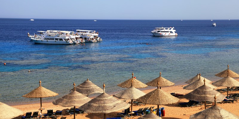 Scenic view of Naama Bay, Sharm-el-Sheikh, Egypt. Sunrise over the sea. Panoramic seascape.